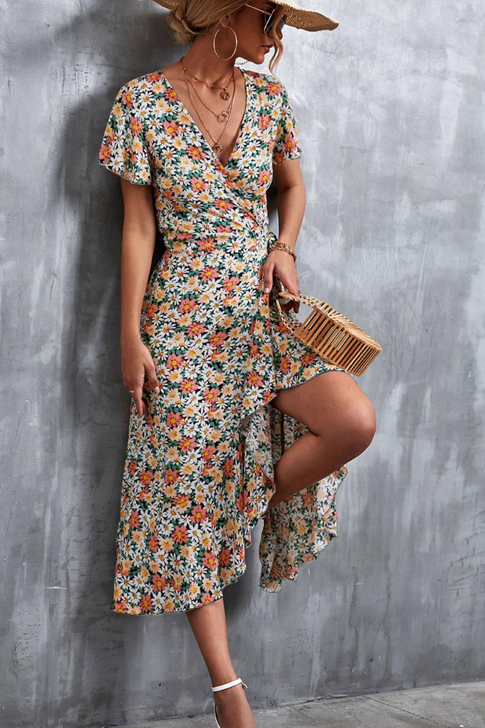 Floral Surplice Neck Tied Midi Dress - Clothes For Her Online Store