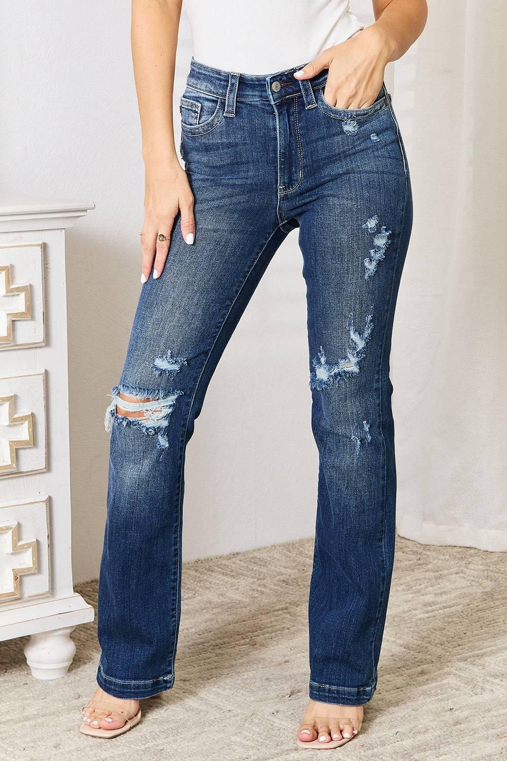 Judy Blue Full Size Mid Rise Hand Sand & Destroy Bootcut Jeans - Clothes For Her Online Store