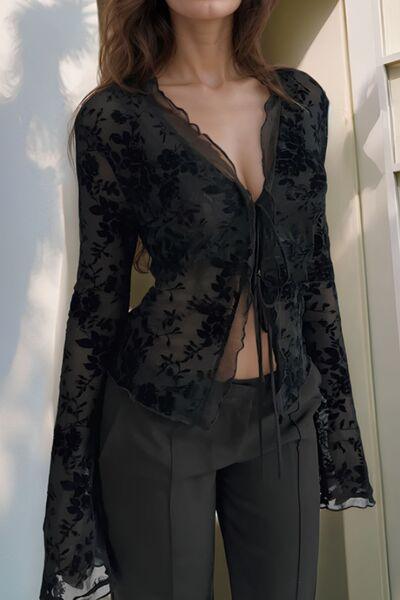 Double Tied Long Sleeve Blouse - Clothes For Her Online Store