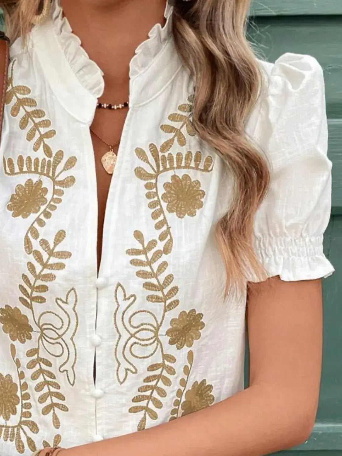 Embroidered Frill Notched Short Sleeve Blouse