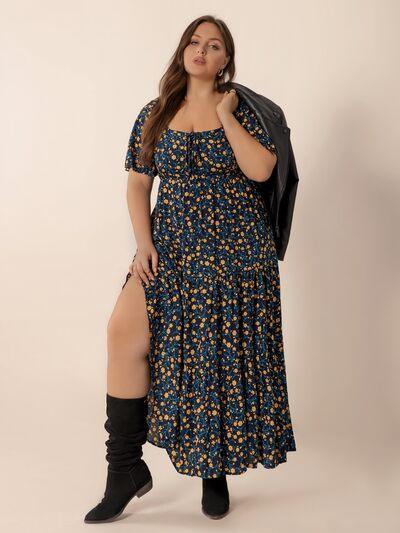 Plus Size Printed Short Sleeve Slit Tiered Maxi Dress - Clothes For Her Online Store