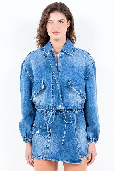 American Bazi Full Size Drop Shoulder Cropped Denim Jacket with Waist Strap Plus Size - Clothes For Her Online Store