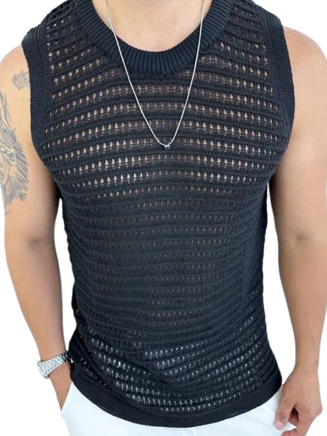 Men's Round Neck Hollow Out Sleeveless Knit Top - Clothes For Her Online Store