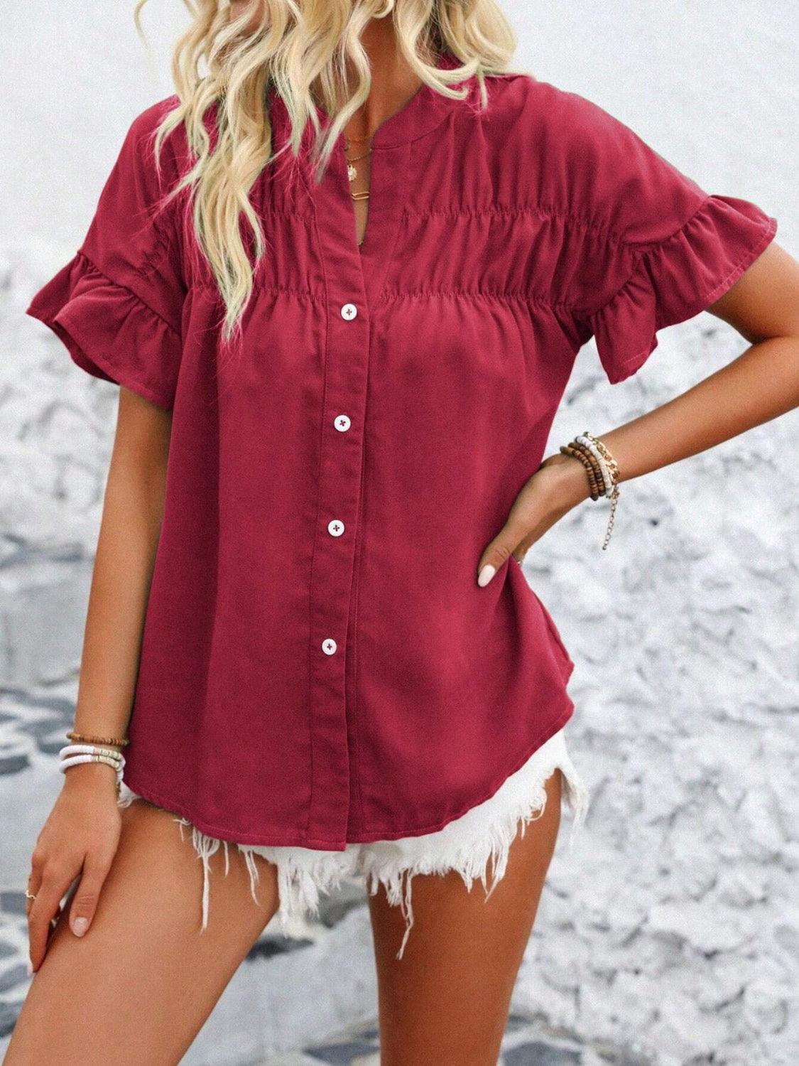 Button Down Ruffled Short Sleeve Shirt - Clothes For Her Online Store