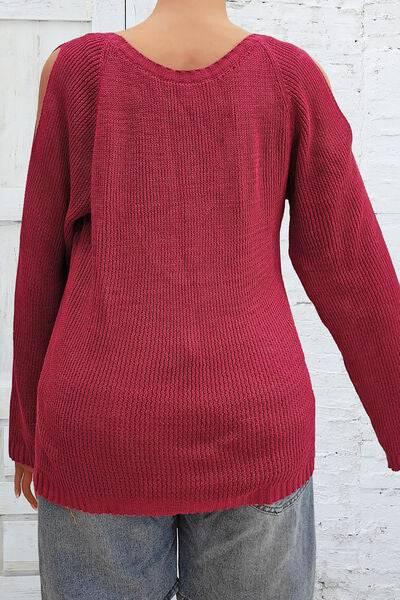 Plus Size Cold Shoulder Round Neck Sweater - Clothes For Her Online Store