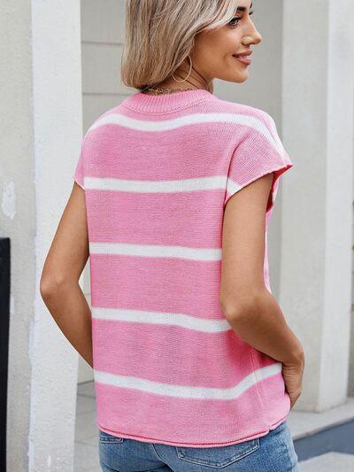 Exposed Seam Striped Round Neck Knit Top - Clothes For Her Online Store