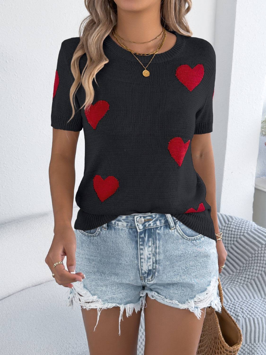 Heart Round Neck Short Sleeve Knit Top - Clothes For Her Online Store