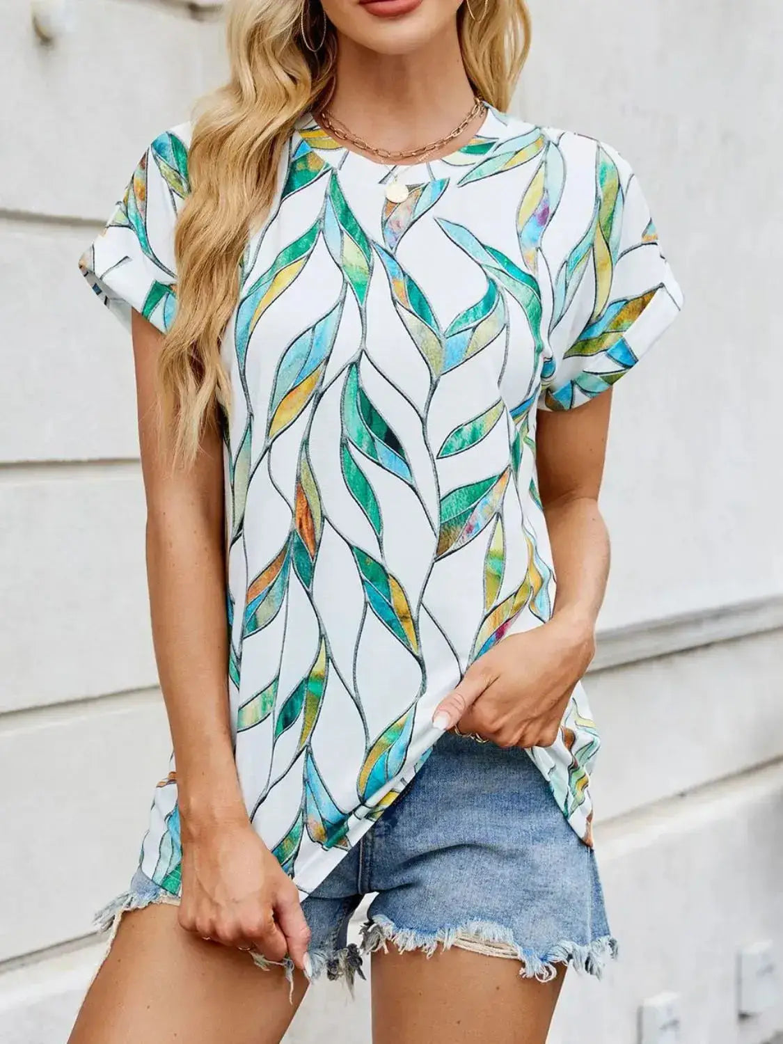 Printed Round Neck Short Sleeve Top - Clothes For Her Online Store