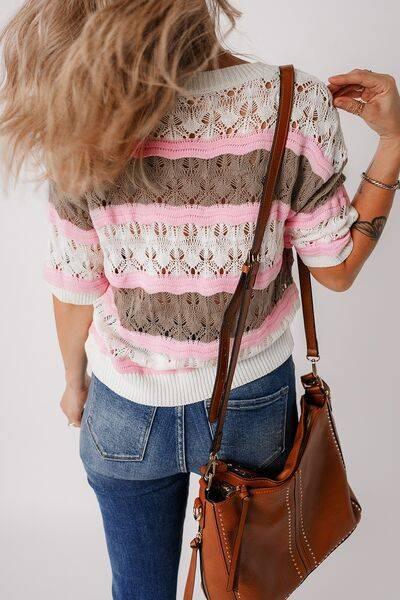 Color Block Openwork Half Sleeve Sweater - Clothes For Her Online Store