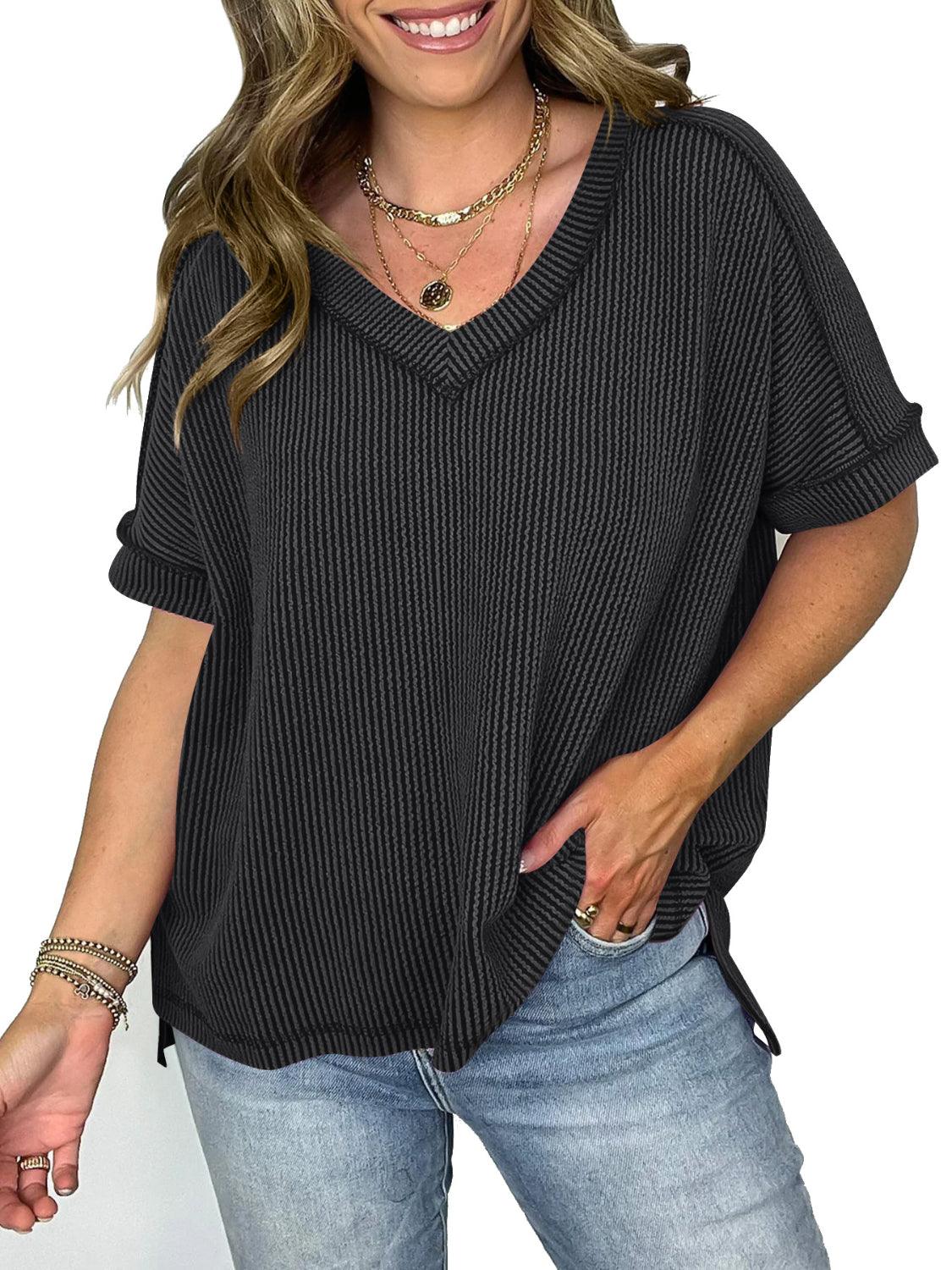 Cord Ribbed V-Neck Short Sleeve T-Shirt - Clothes For Her Online Store