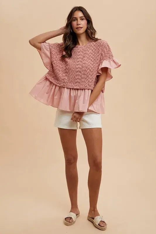 Annie Wear Mix Media Ruffle Textured Knit Top