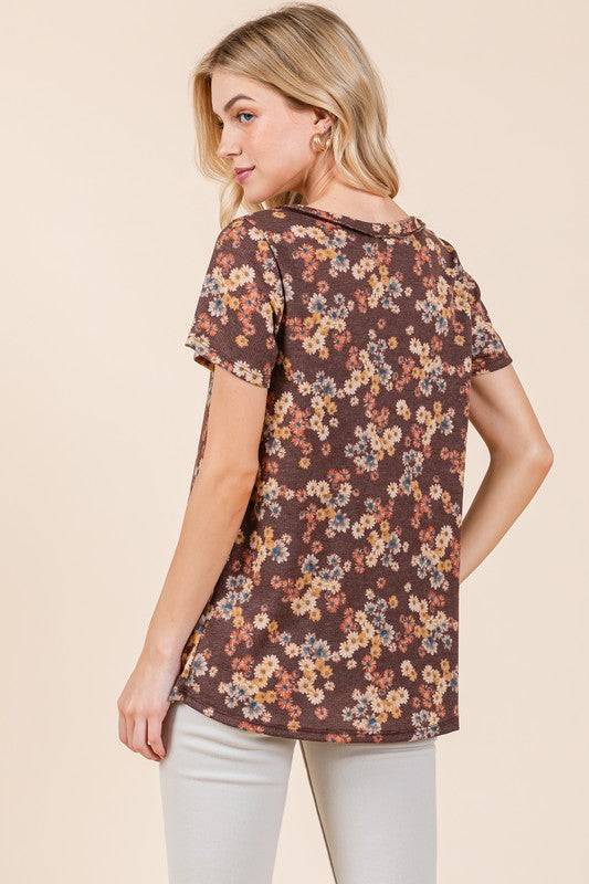 BOMBOM Lightweight Floral Round Neck Short Sleeve T-Shirt - Clothes For Her Online Store