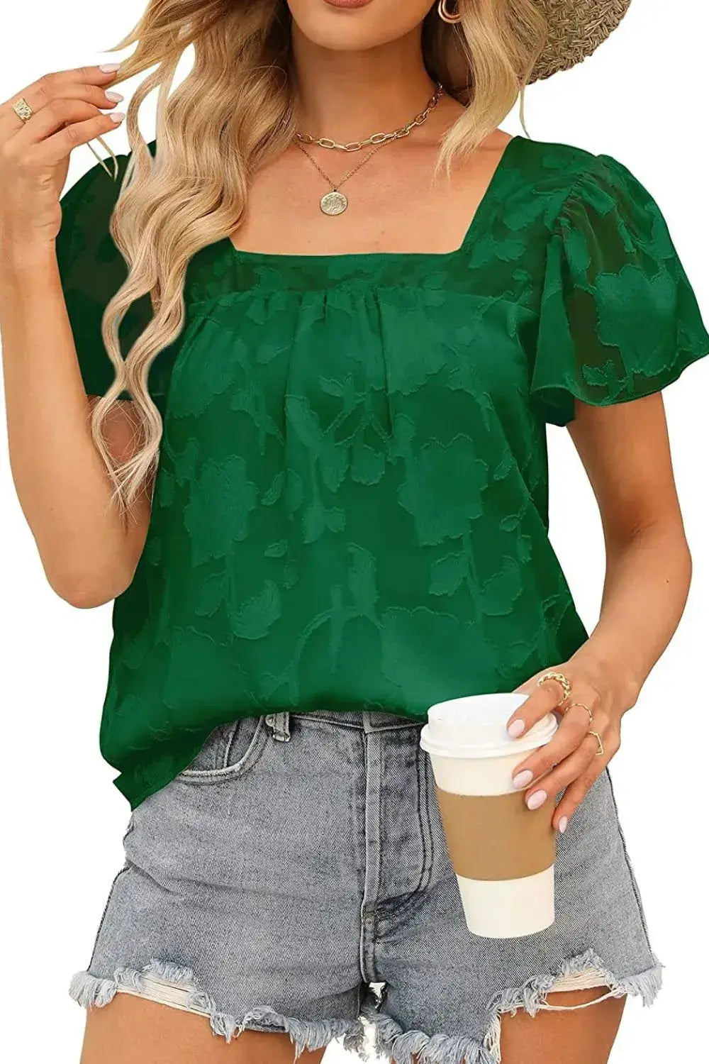 Square Neck Short Sleeve Blouse - Clothes For Her Online Store
