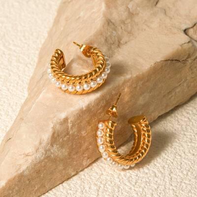 Stainless Steel Pearl C-Hoop Earrings - Clothes For Her Online Store
