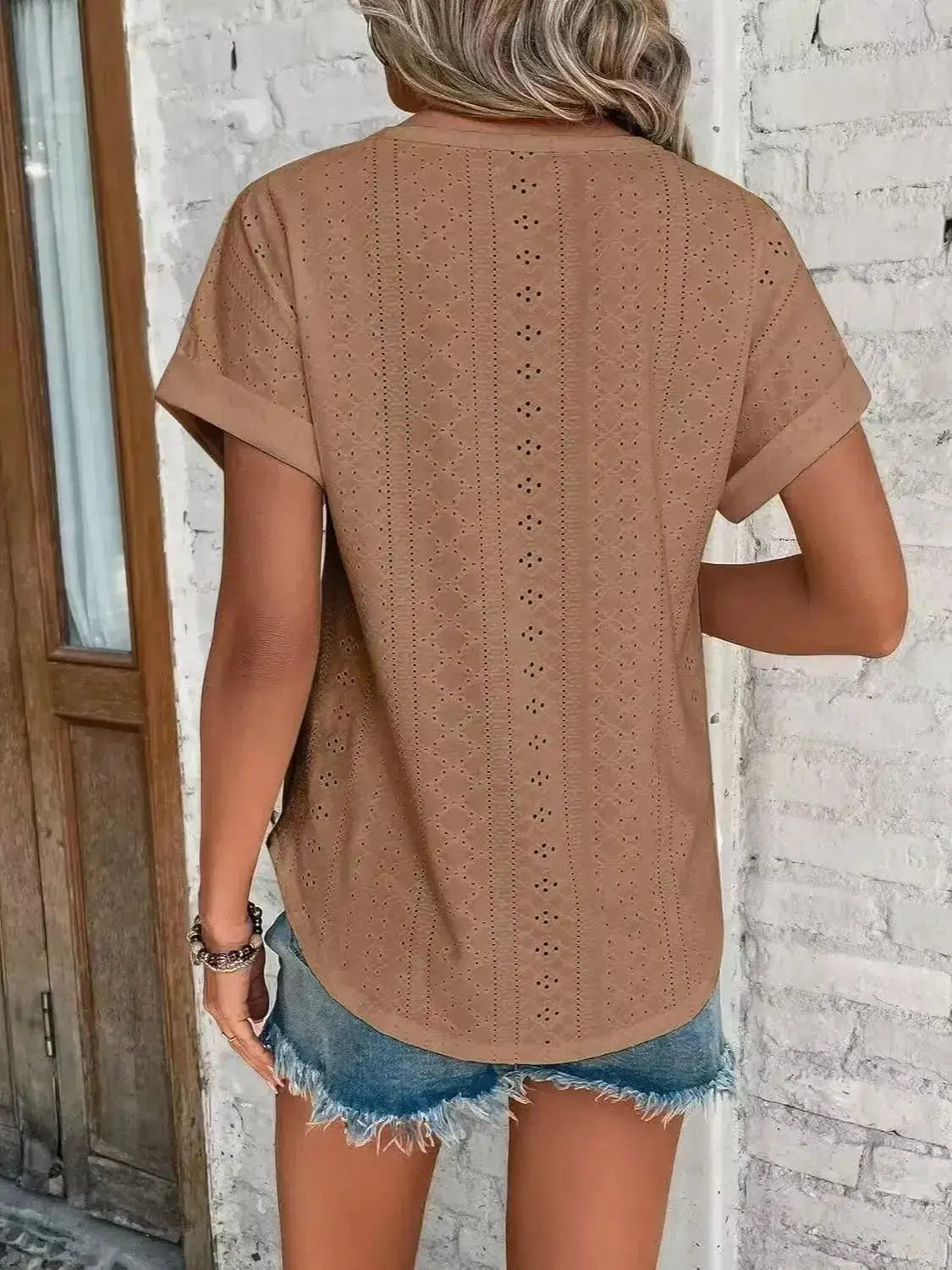 Eyelet Round Neck Short Sleeve Top - Clothes For Her Online Store