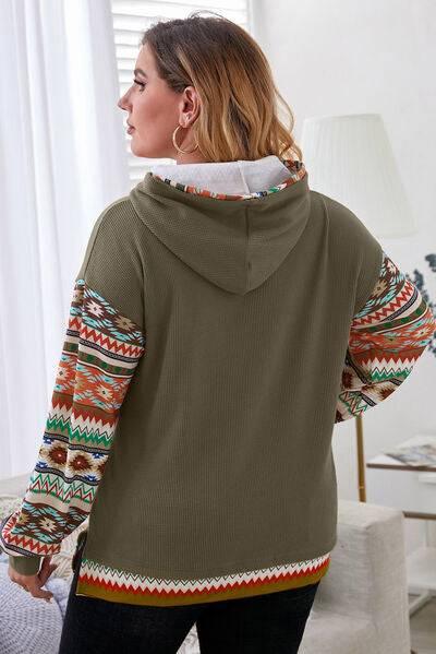 Plus Size Waffle-Knit Geometric Dropped Shoulder Hoodie - Clothes For Her Online Store