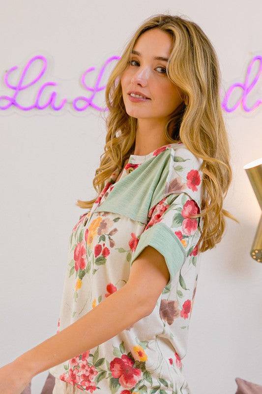 BiBi Floral Button Detail Round Neck Short Sleeve Terry T-Shirt - Clothes For Her Online Store