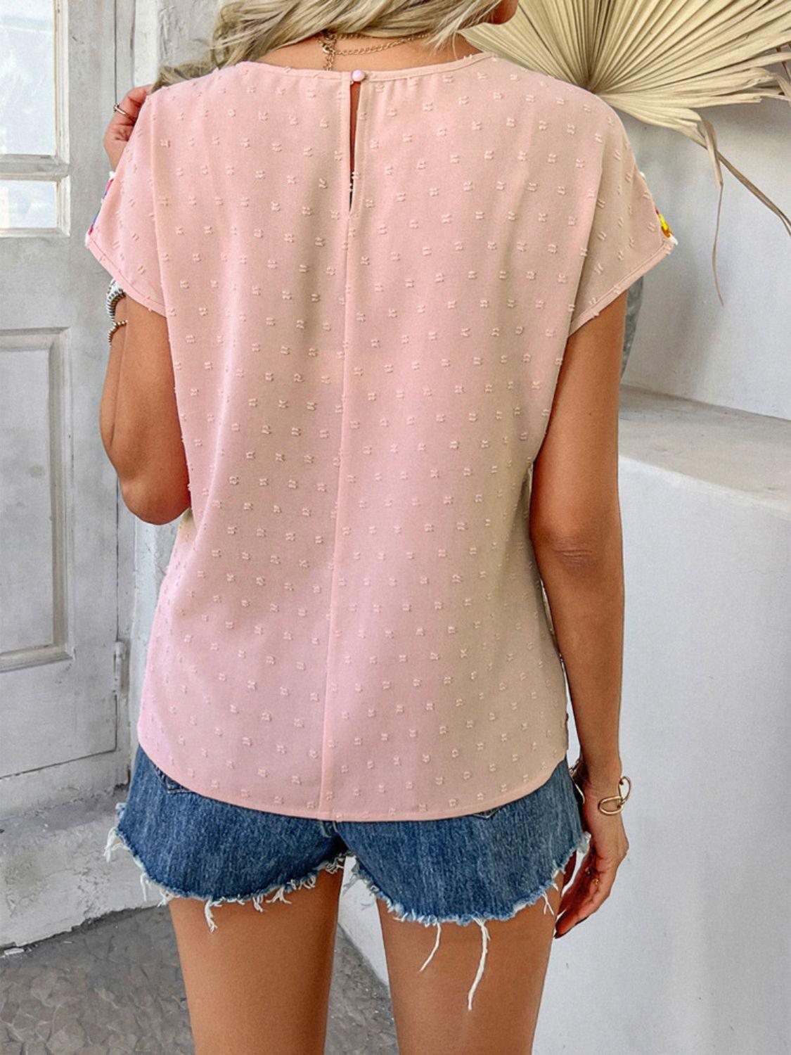 Devine Swiss Dot Round Neck Crochet Short Sleeve Top - Clothes For Her Online Store