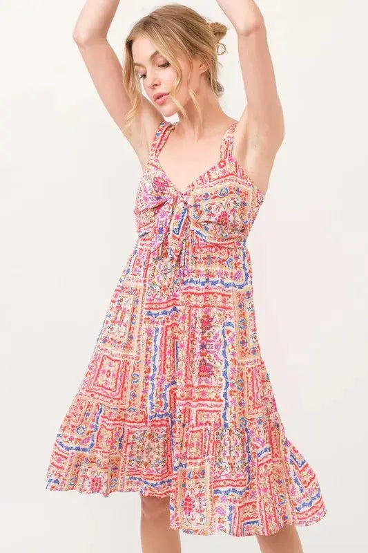 And The Why Tied Front Smocked Back Tiered Boho Printed Dress - Clothes For Her Online Store