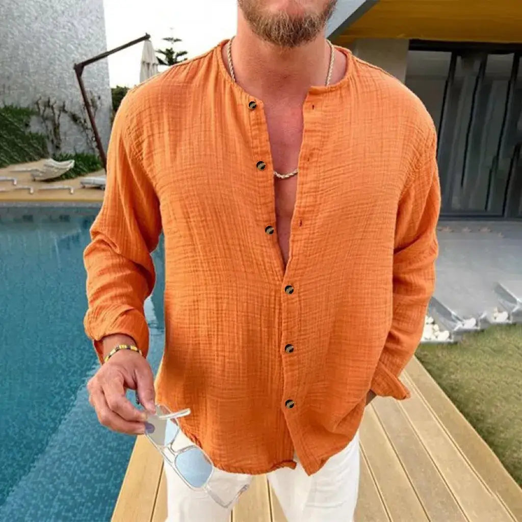 Men's Full Size Linen Button-Down Mandarin Collar Shirt Plus Size