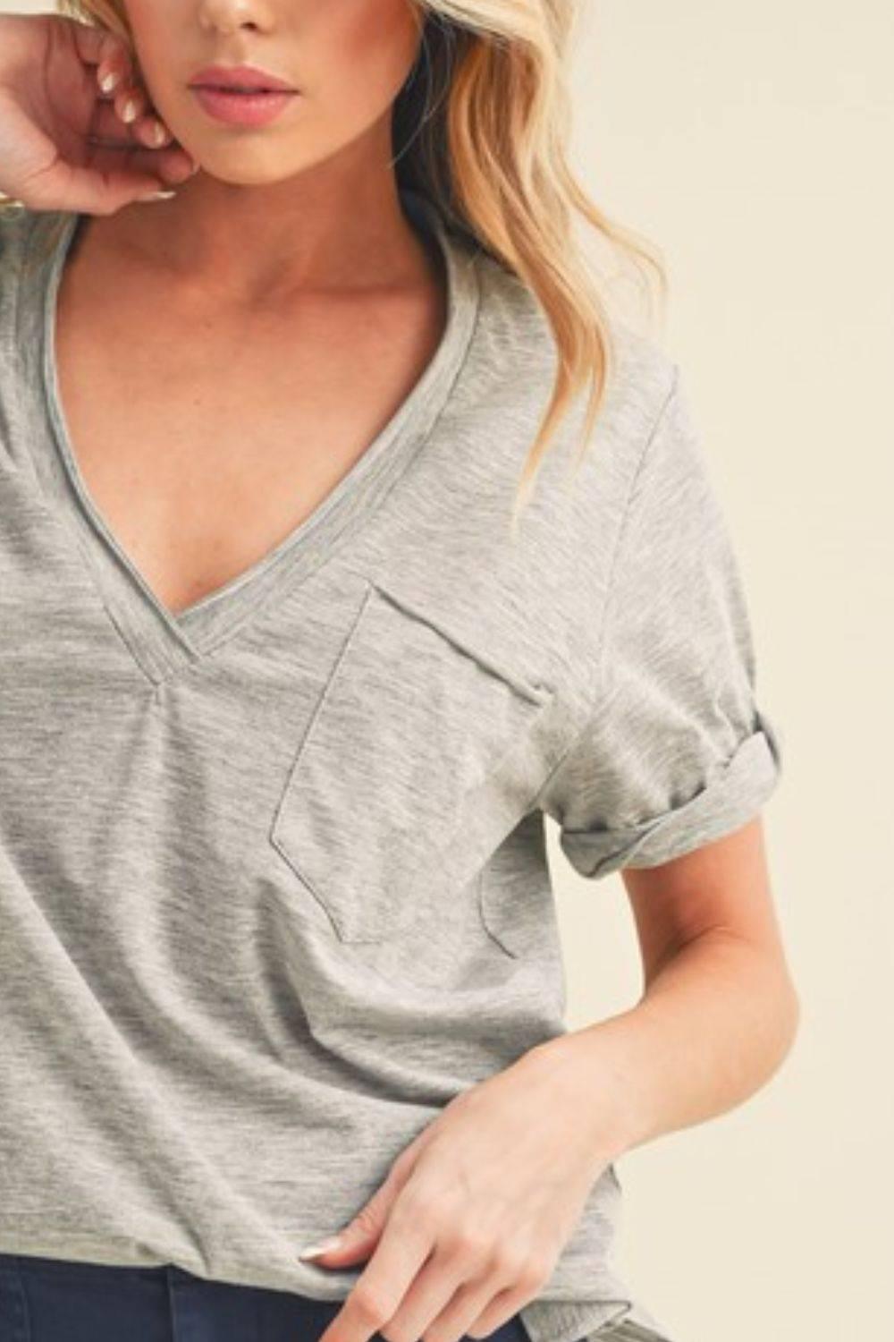 Aemi + Co Side Slit V-Neck Short Rolled Sleeve T-Shirt - Clothes For Her Online Store