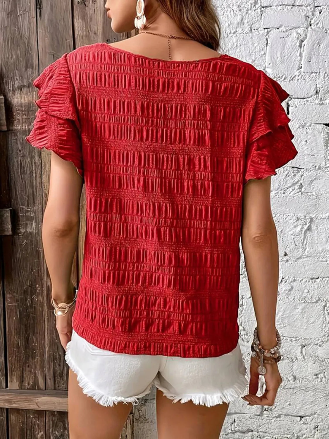 Round Neck Ruffled Short Sleeve Top