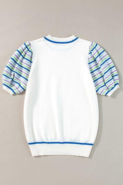 Crochet Striped Puff Sleeve Sweater - Clothes For Her Online Store