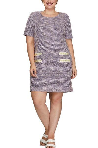 She + Sky Full Size Short Sleeve Pearl Studded Trim Knit Tweed Dress Plus Size - Clothes For Her Online Store