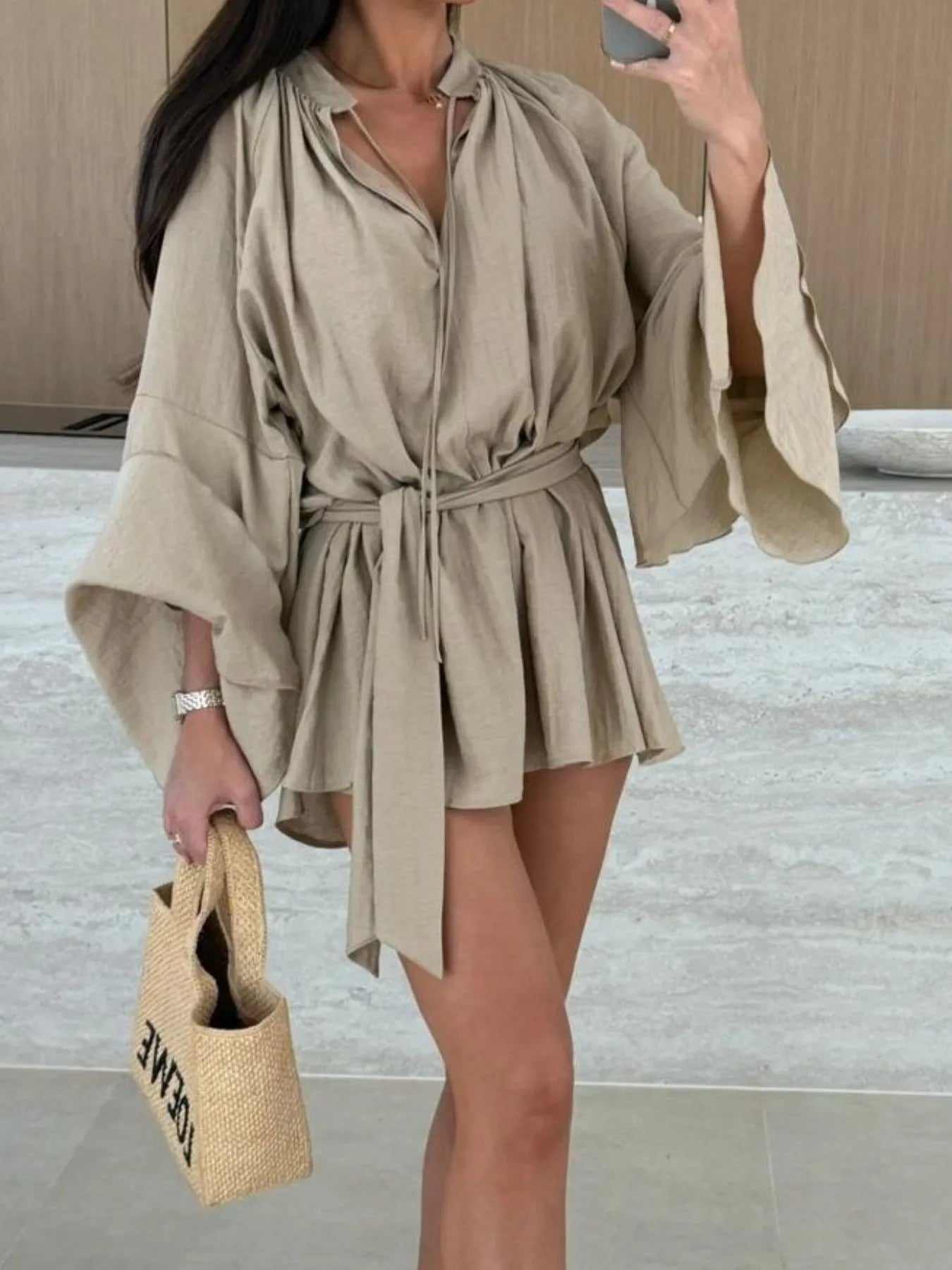 Bell Sleeve Tie Waist Mini Shirt Dress