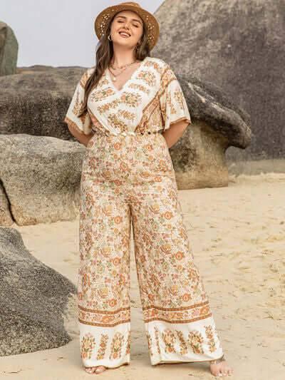 Plus Size V-Neck Flutter Sleeve Wide Leg Jumpsuit - Clothes For Her Online Store