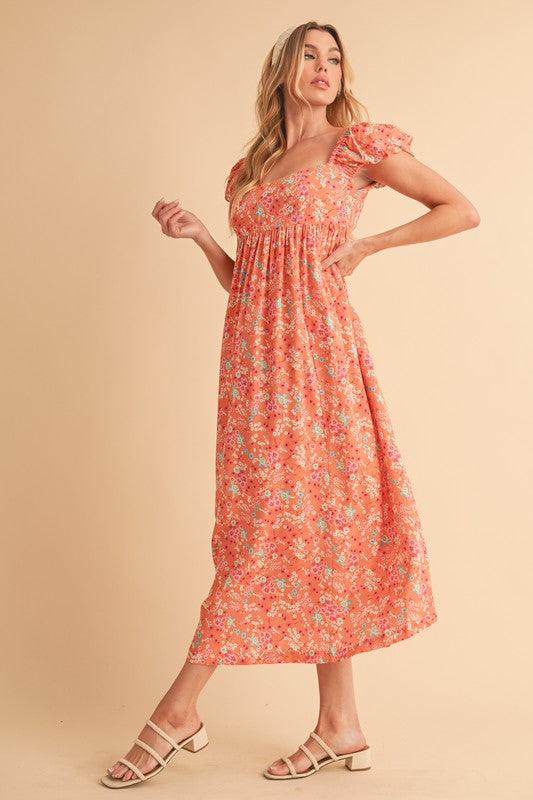 Aemi + Co Cutout Back Floral Square Neck Puff Sleeve Midi Dress - Clothes For Her Online Store