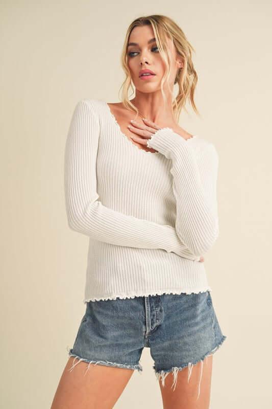 Aemi + Co Lettuce Hem Scoop Neck Long Sleeve Knit Top - Clothes For Her Online Store