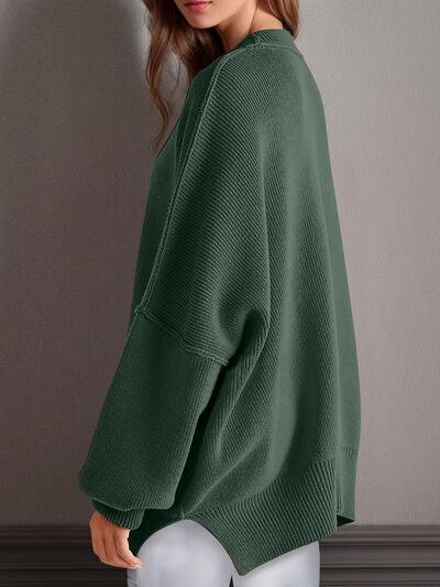 Double Take Side Slit Round Neck Long Sleeve Sweater - Clothes For Her Online Store