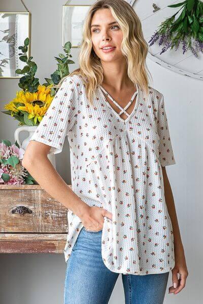 Heimish Full Size Crisscross Ditsy Floral Babydoll Top Plus Size - Clothes For Her Online Store