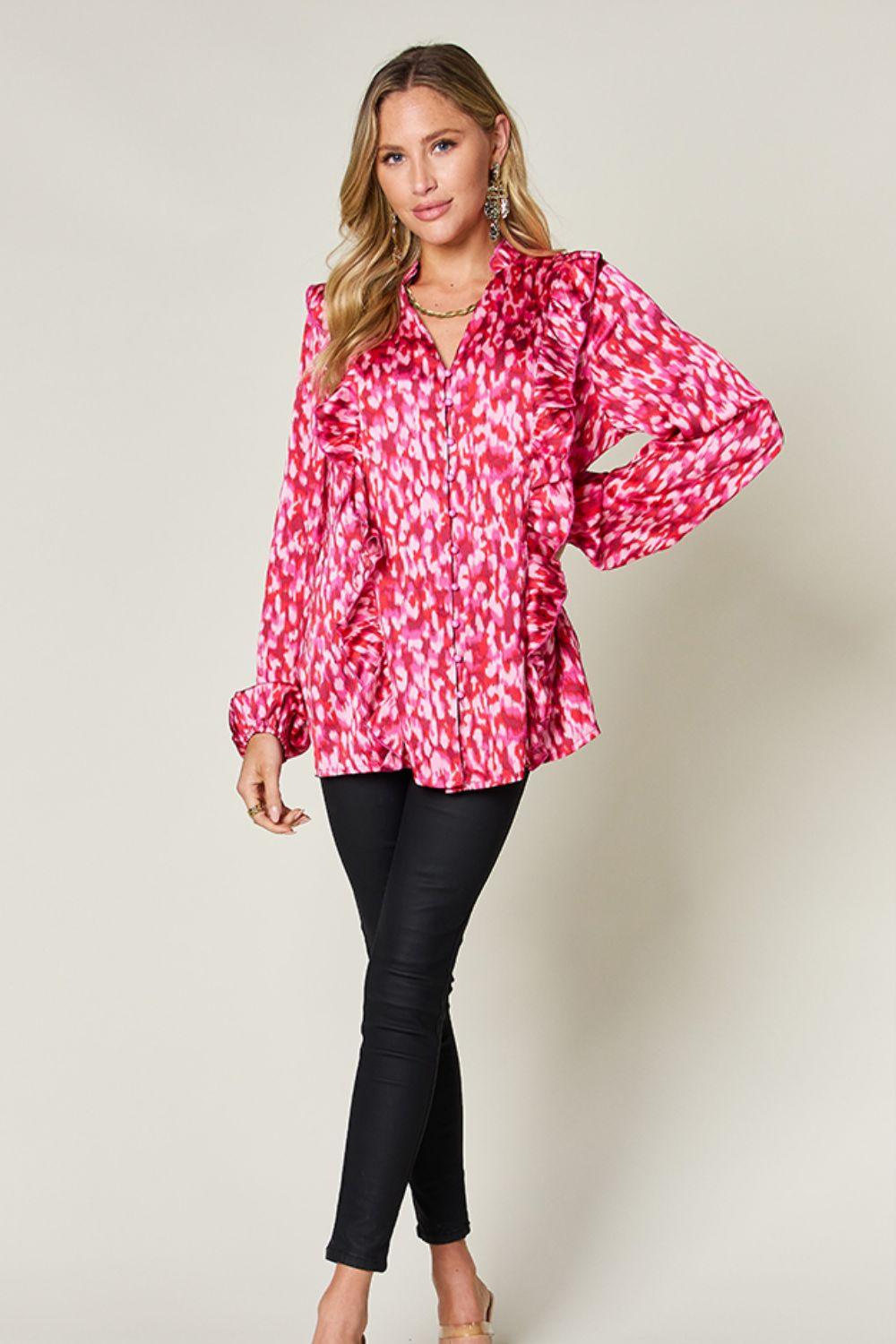 Double Take Full Size Printed Ruffle Trim Balloon Sleeve Shirt - Clothes For Her Online Store