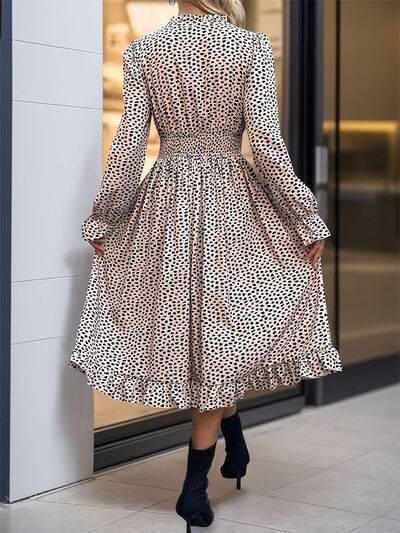 Perfee Ruched Ruffled Leopard Long Sleeve Dress - Clothes For Her Online Store