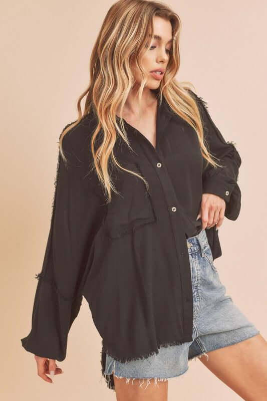 Aemi + Co Raw Edge Exposed Seam Collared Neck Long Sleeve Shirt - Clothes For Her Online Store