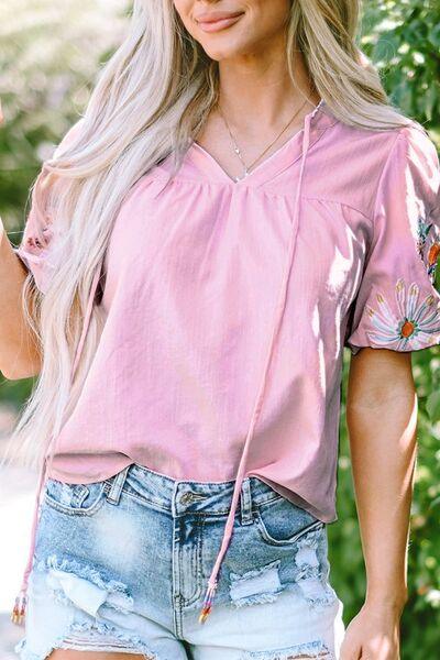 Floral Embroidered Puff Sleeve Blouse - Clothes For Her Online Store