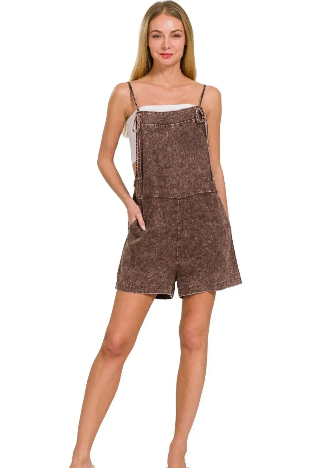 Zenana Washed Linen Knot Strap Rompers