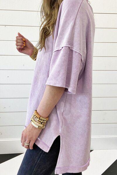 Mineral Wash Drop Shoulder Round Neck T-Shirt - Clothes For Her Online Store