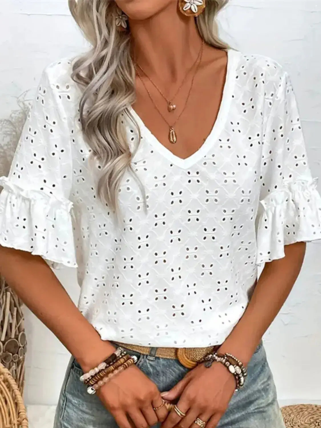 Eyelet V-Neck Half Sleeve Blouse