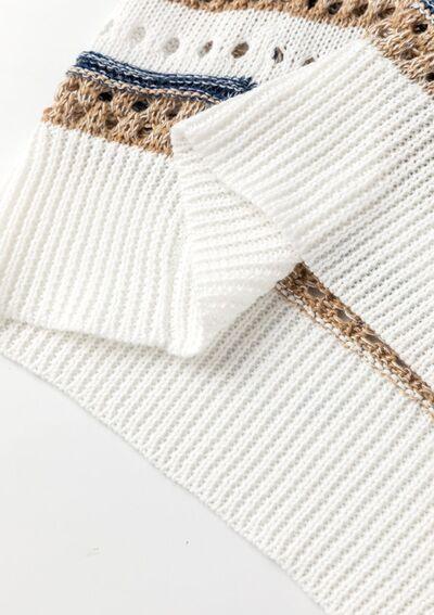 Striped Hollow Out Half Sleeve Knit Top - Clothes For Her Online Store