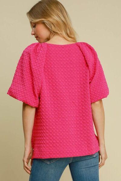 Umgee Full Size Boxy Cut Jacquard Round Neck Top with Side Slit Plus Size - Clothes For Her Online Store