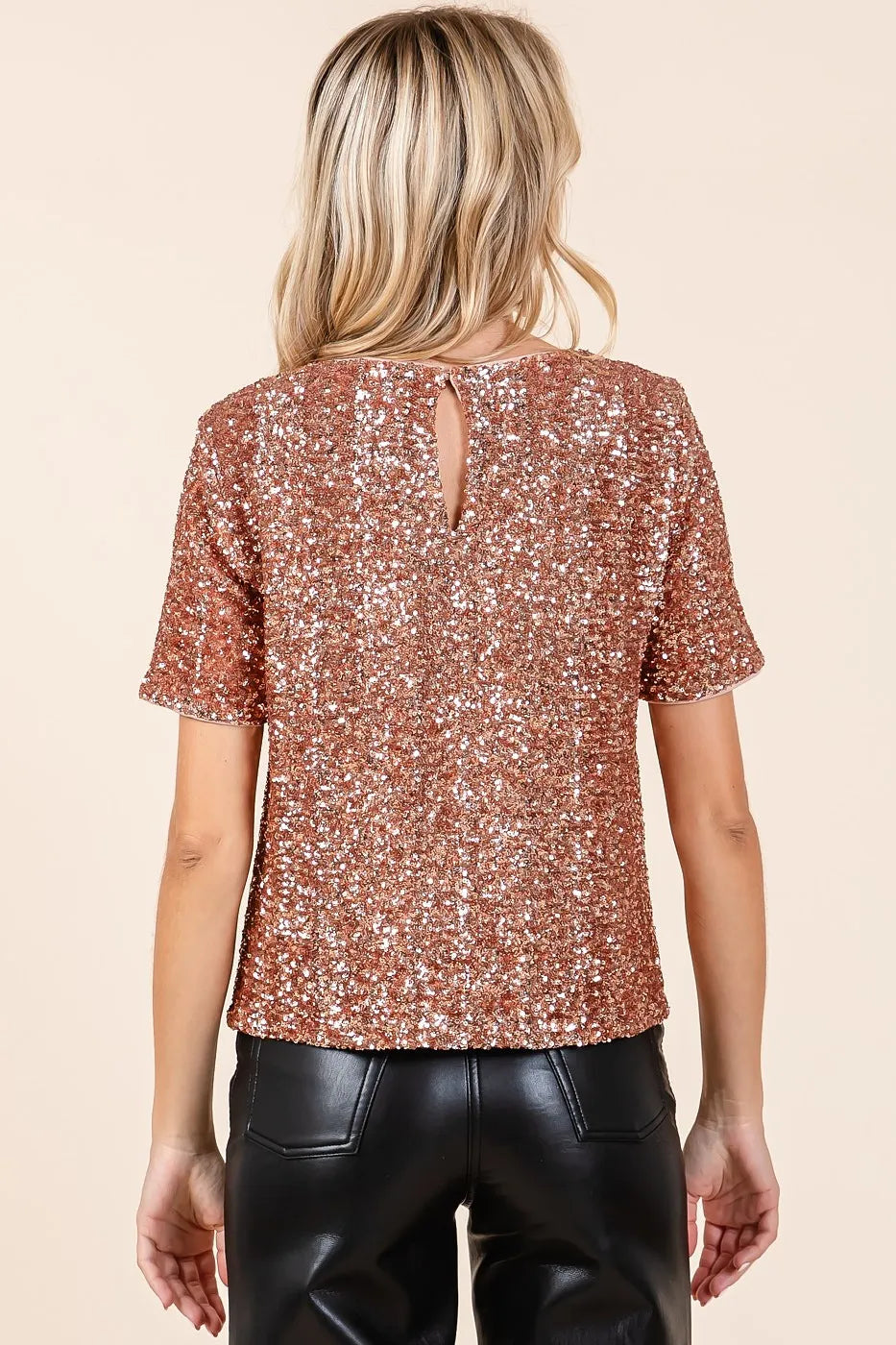 Mittoshop Sequin Short Sleeve Round Neck Cropped Blouse