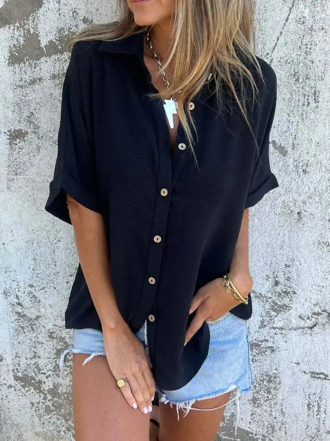 Full Size Collared Neck Half Sleeve Shirt Plus Size - Clothes For Her Online Store