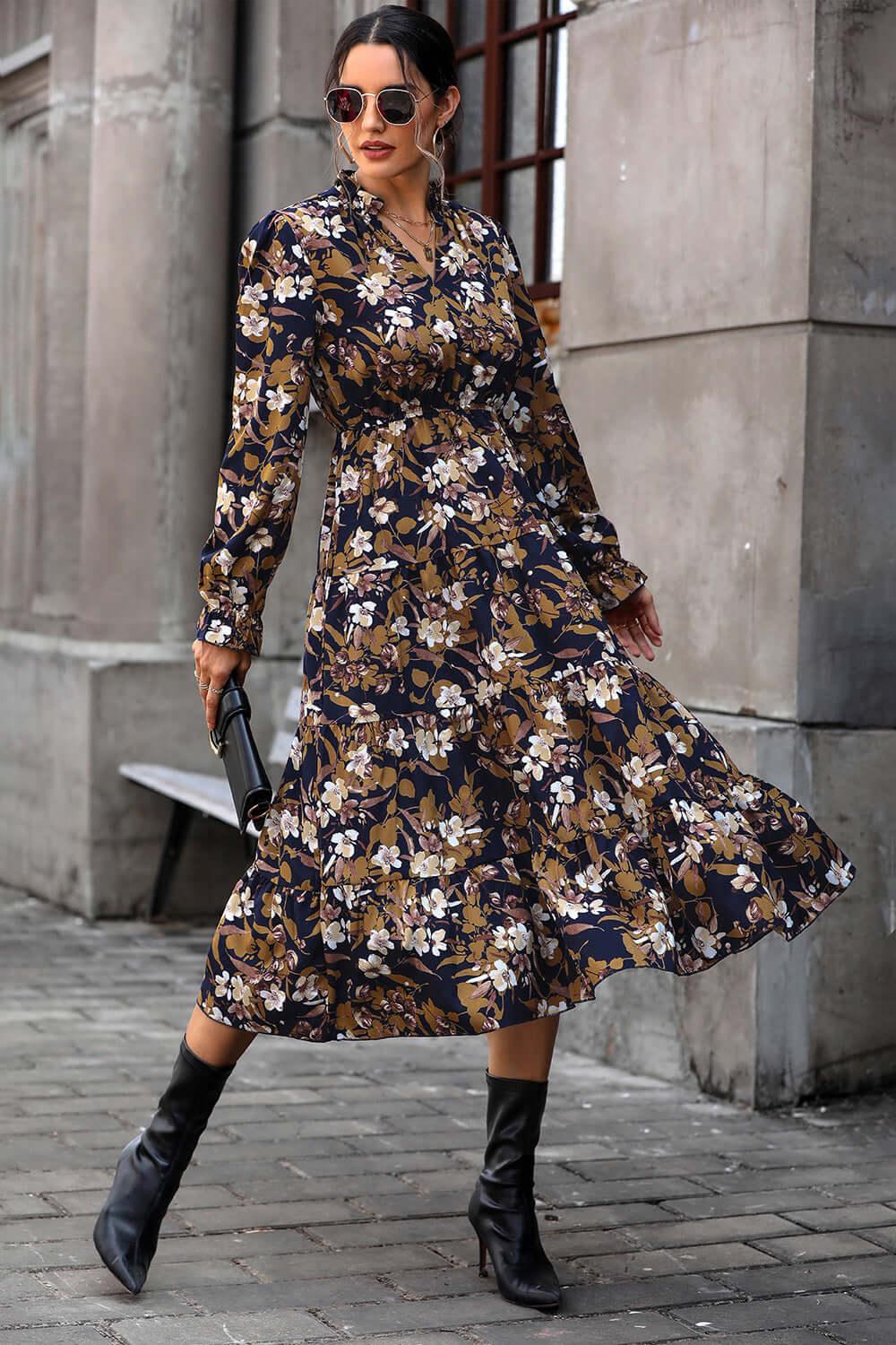 Perfee Floral Flounce Sleeve Tiered Dress - Clothes For Her Online Store