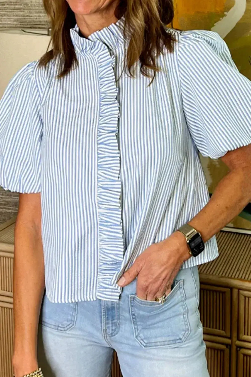 Striped Ruffle Short Bubble Sleeve Shirt