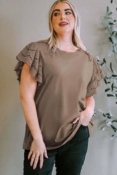 Plus Size Eyelet Round Neck Short Sleeve Blouse - Clothes For Her Online Store