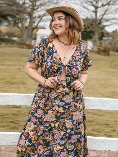Plus Size Tied Printed Short Sleeve Midi Dress - Clothes For Her Online Store