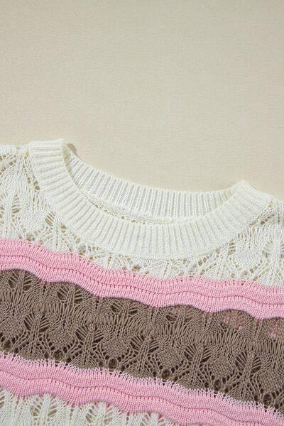 Color Block Openwork Half Sleeve Sweater - Clothes For Her Online Store